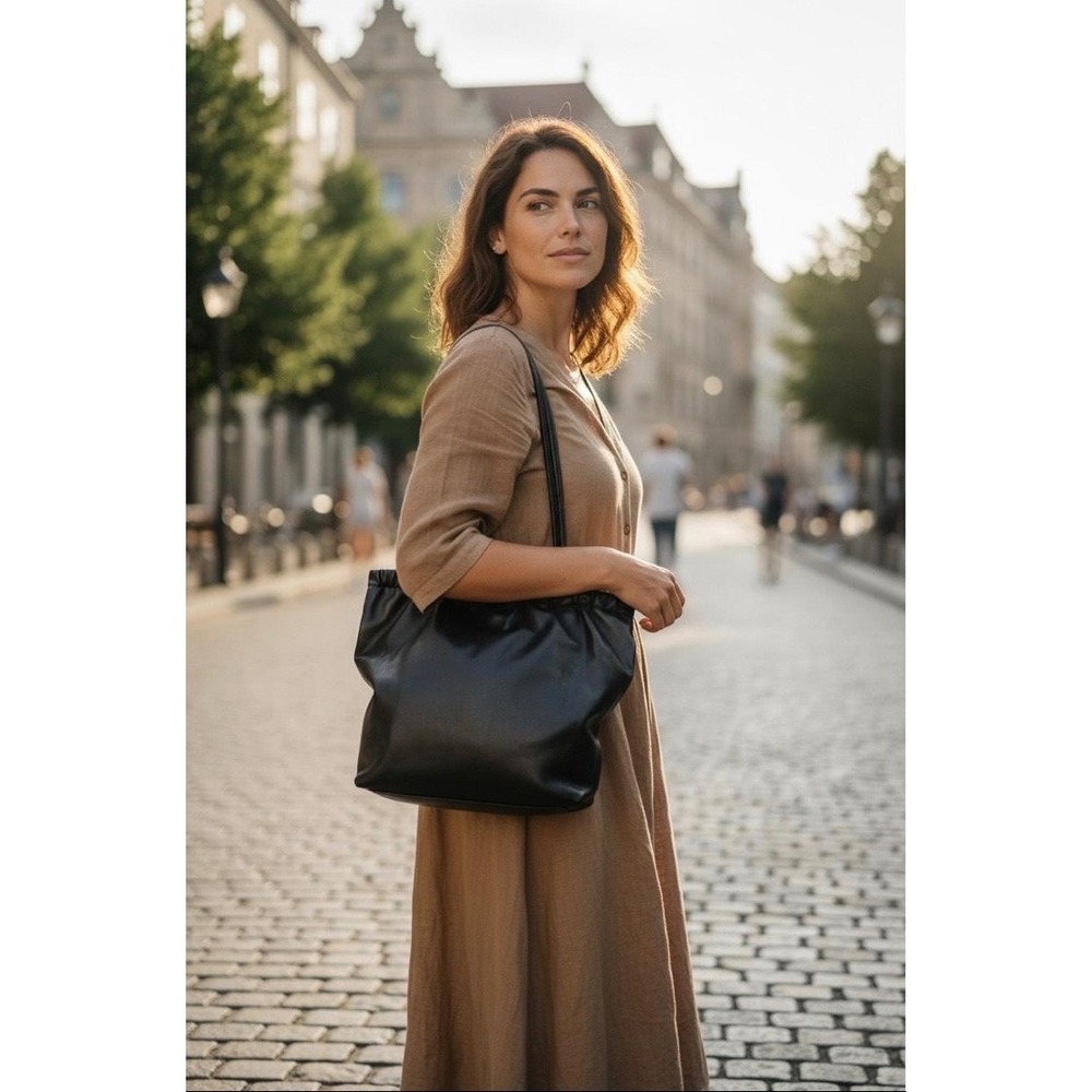 A‎ New Day Black Faux Leather Gathered Tote Bag
